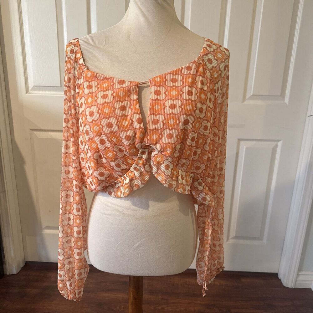 Madden NYC  Womens Cropped Top XXXL Floral Retro Bra Keyhole Orange Hippie